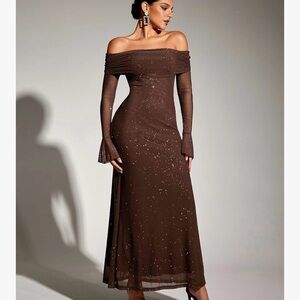 Chic Brown Off-Shoulder Gown